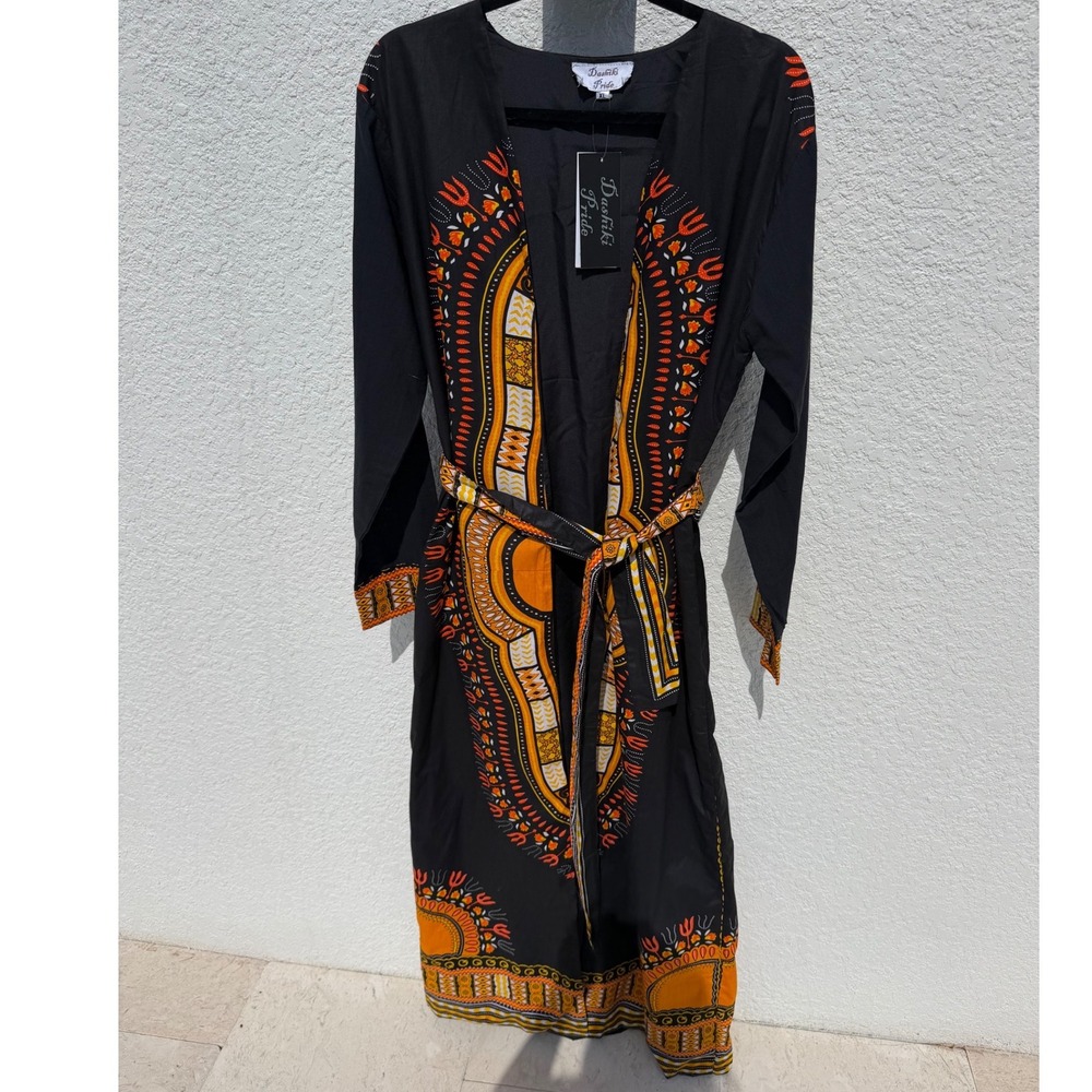 Dashiki Pride Womens XL Black Orange African Print Long Sleeve Maxi Dress NWT
